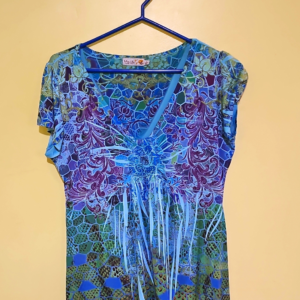 Venezia Blue and Purple Graphic Tie Front Blouse